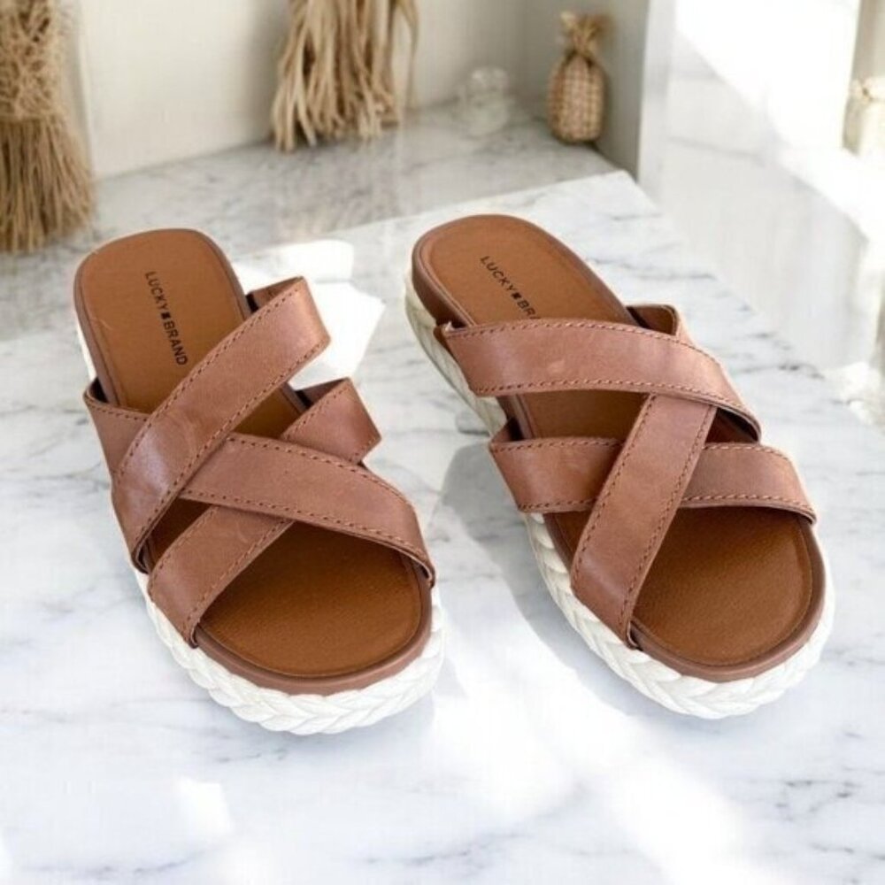 Lucky Brand Women's Loftee Platform Leather Sandals Size 7.5 in Adobe Brown - Picture 2 of 12